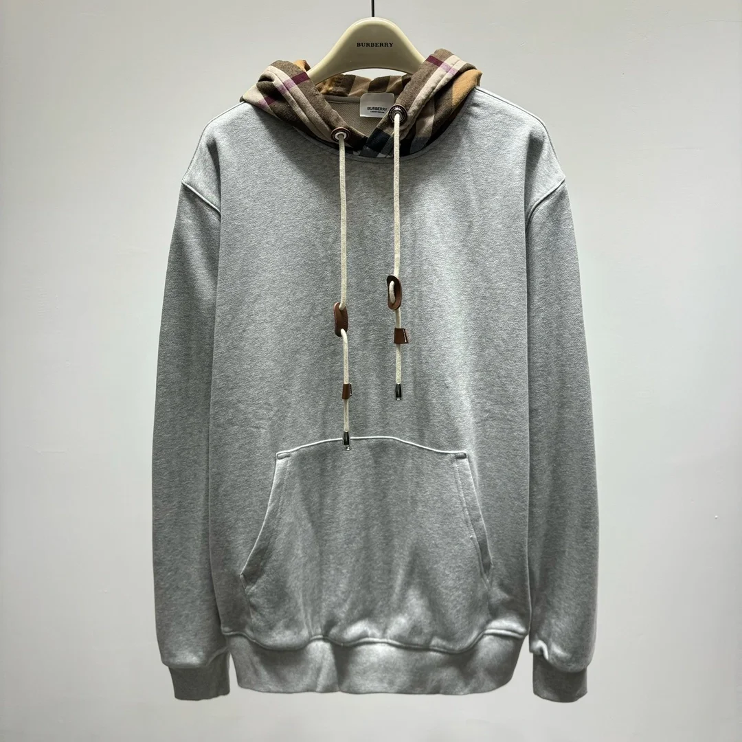 버버리 체크 기모 후드티 그레이