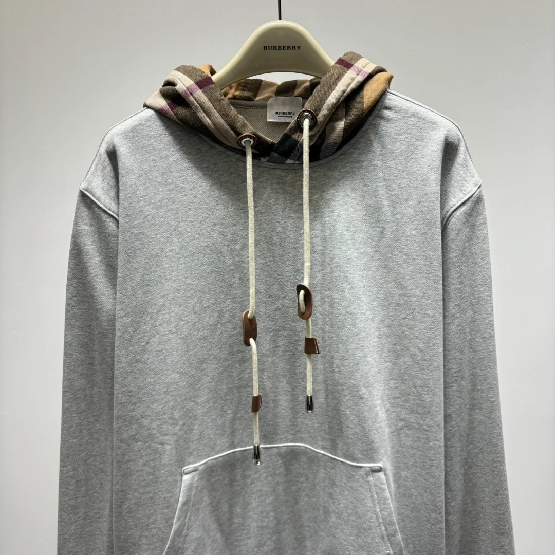 버버리 체크 기모 후드티 그레이