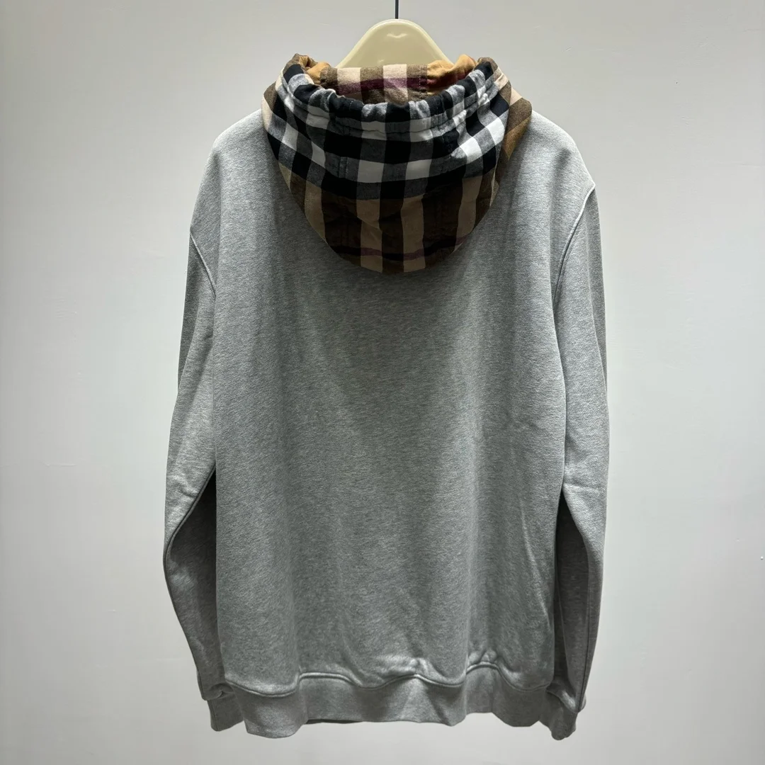 버버리 체크 기모 후드티 그레이