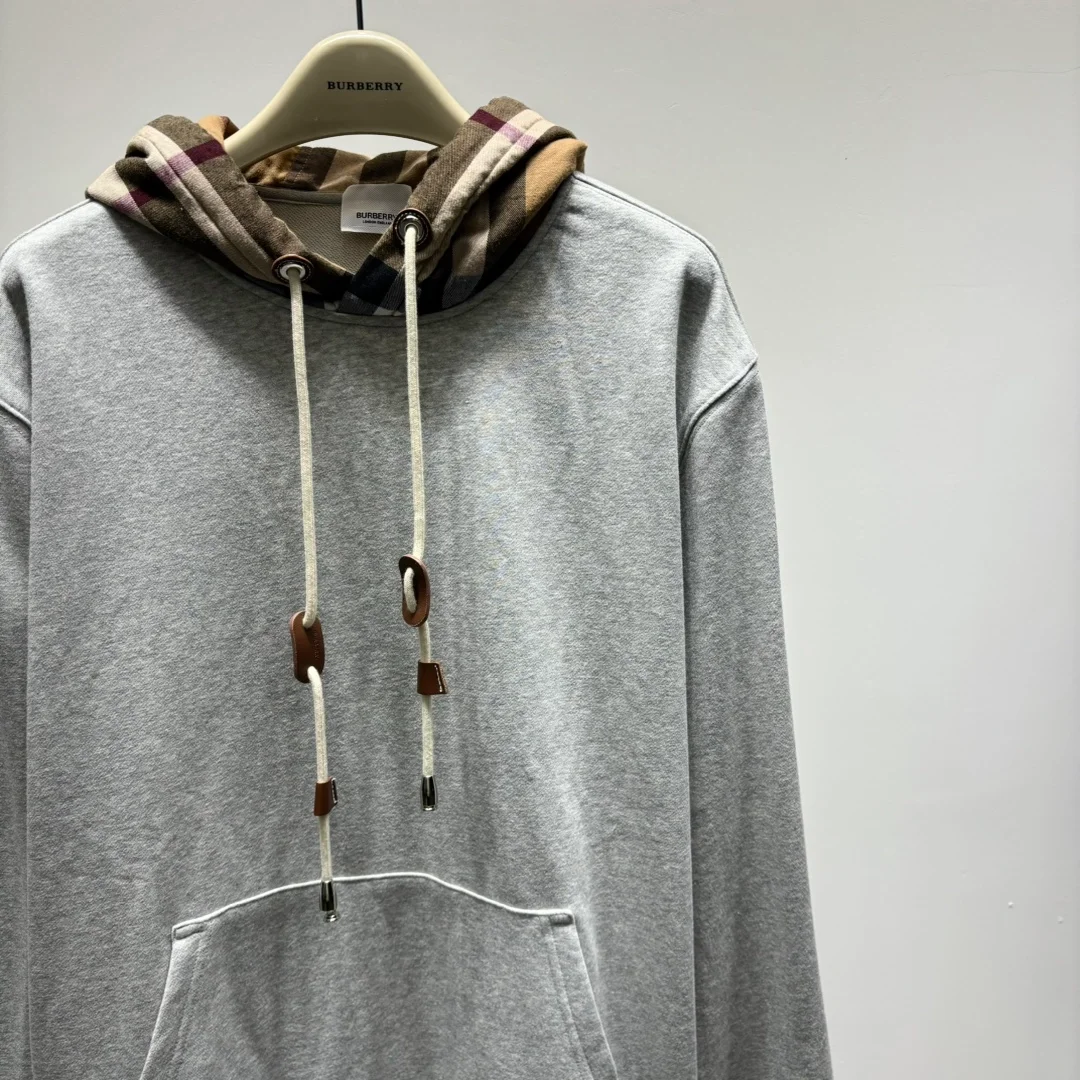 버버리 체크 기모 후드티 그레이