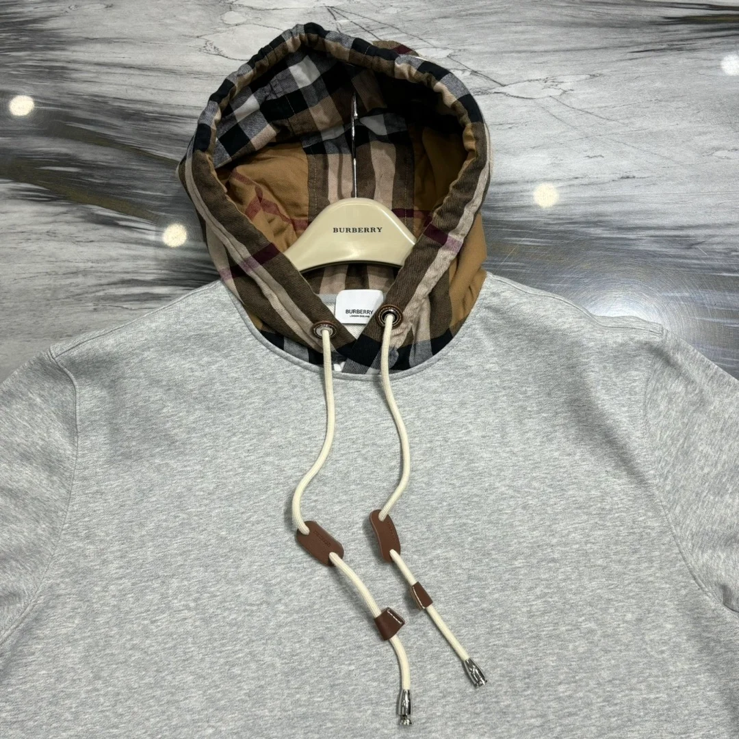 버버리 체크 기모 후드티 그레이