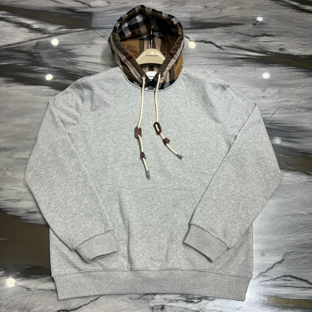 버버리 체크 기모 후드티 그레이