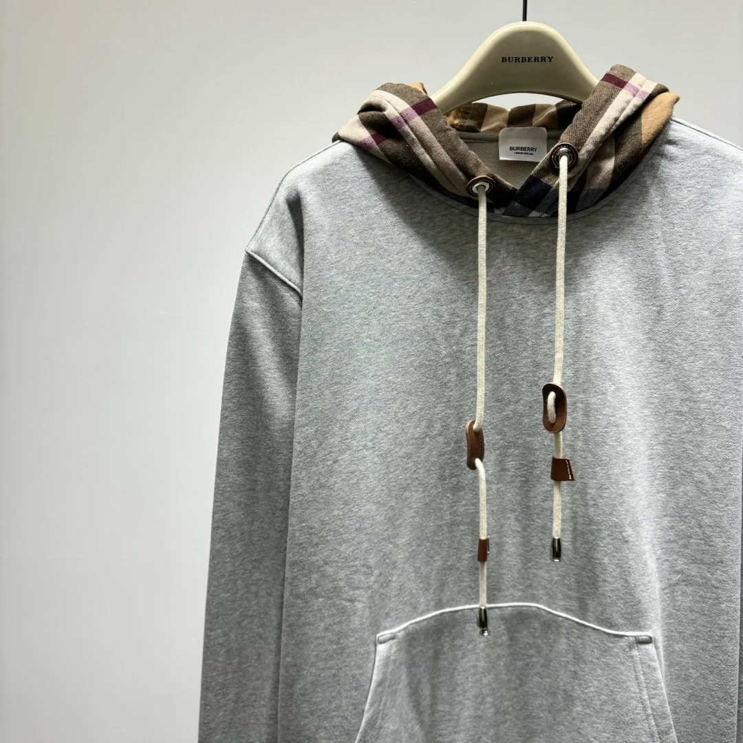 버버리 체크 기모 후드티 그레이
