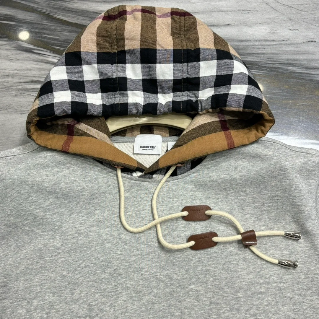 버버리 체크 기모 후드티 그레이