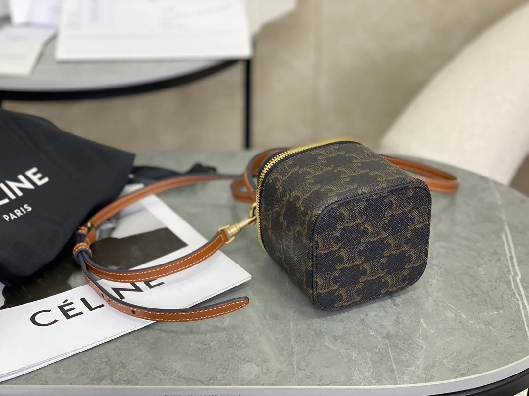 셀린느 트리옹프 캔버스 & 카프스킨 미니 베니티 케이스 탄