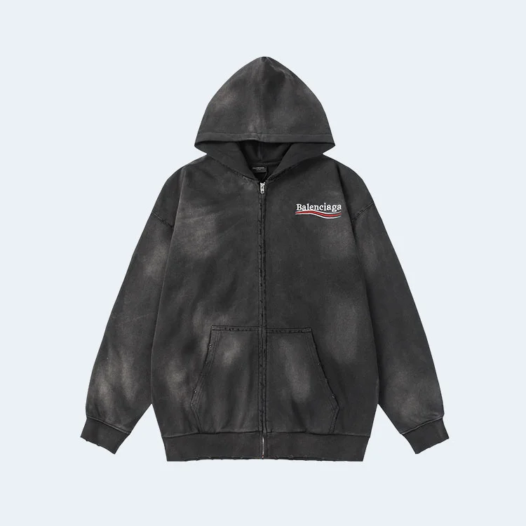 발렌시아가 헤비 듀티 워싱 후디 집업 블랙