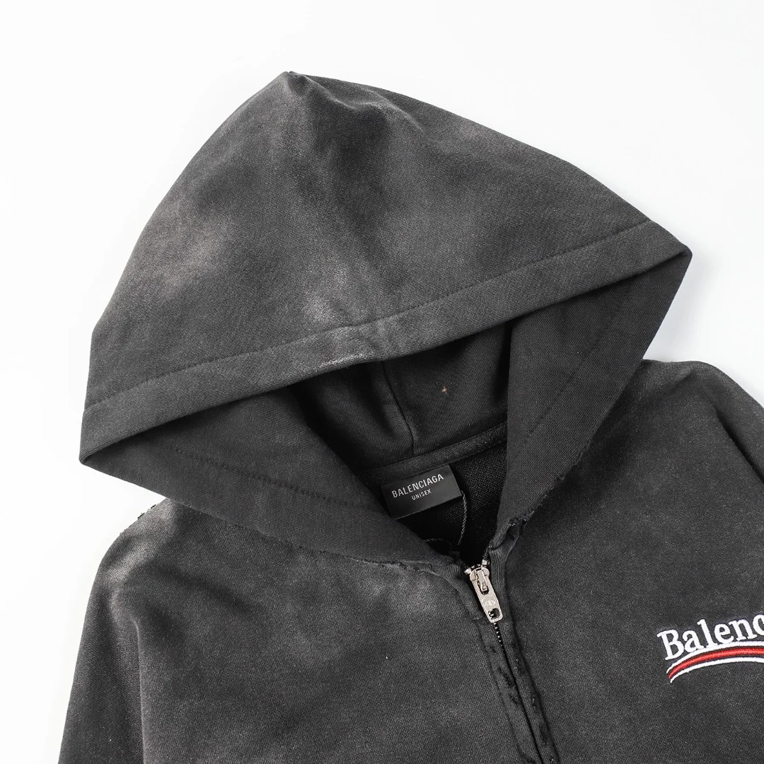 발렌시아가 헤비 듀티 워싱 후디 집업 블랙