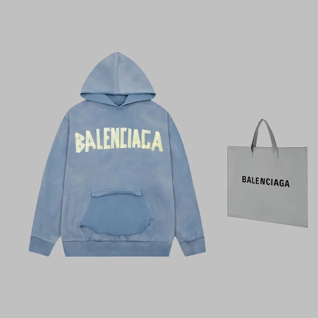 발렌시아가 오버사이즈 테이프 로고 후디 블루