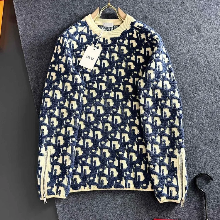 디올 오블리크 울 코튼 자카드 스웨터 블루