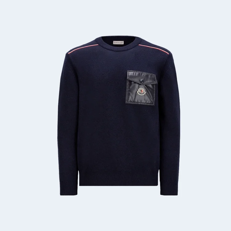 몽클레어 체스트 포켓 로고 패치 니트 네이비