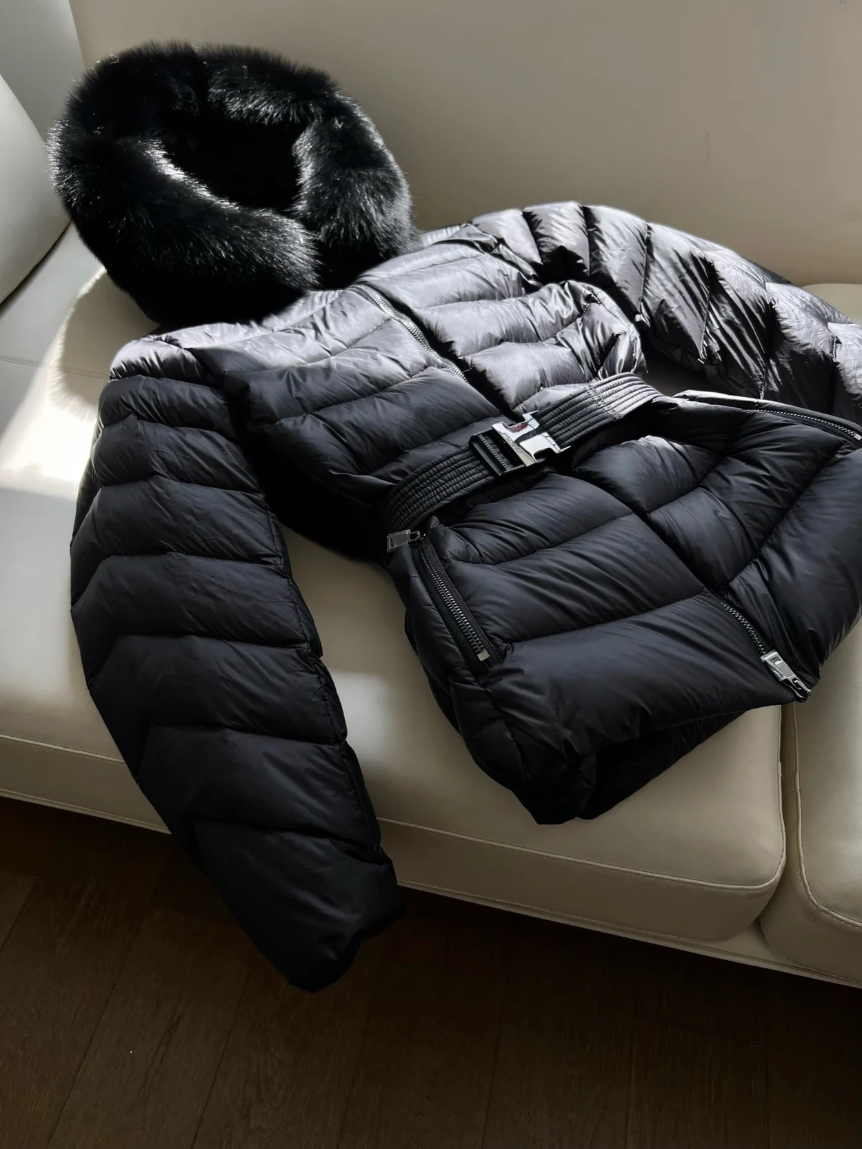 몽클레어 큐피돈 다운 벨트 롱 자켓 블랙