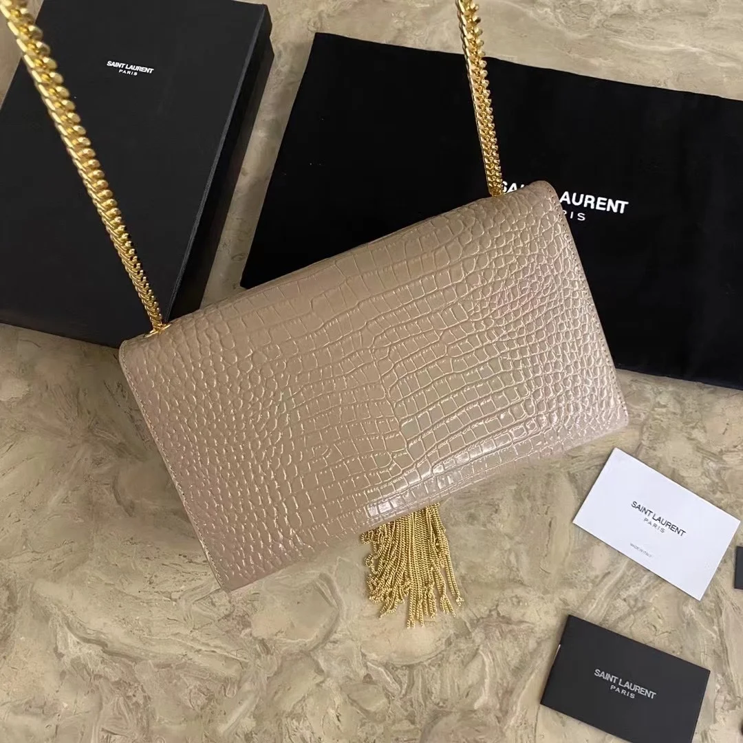 생로랑 크로커다일 케이트 미디엄 태슬 백 베이지