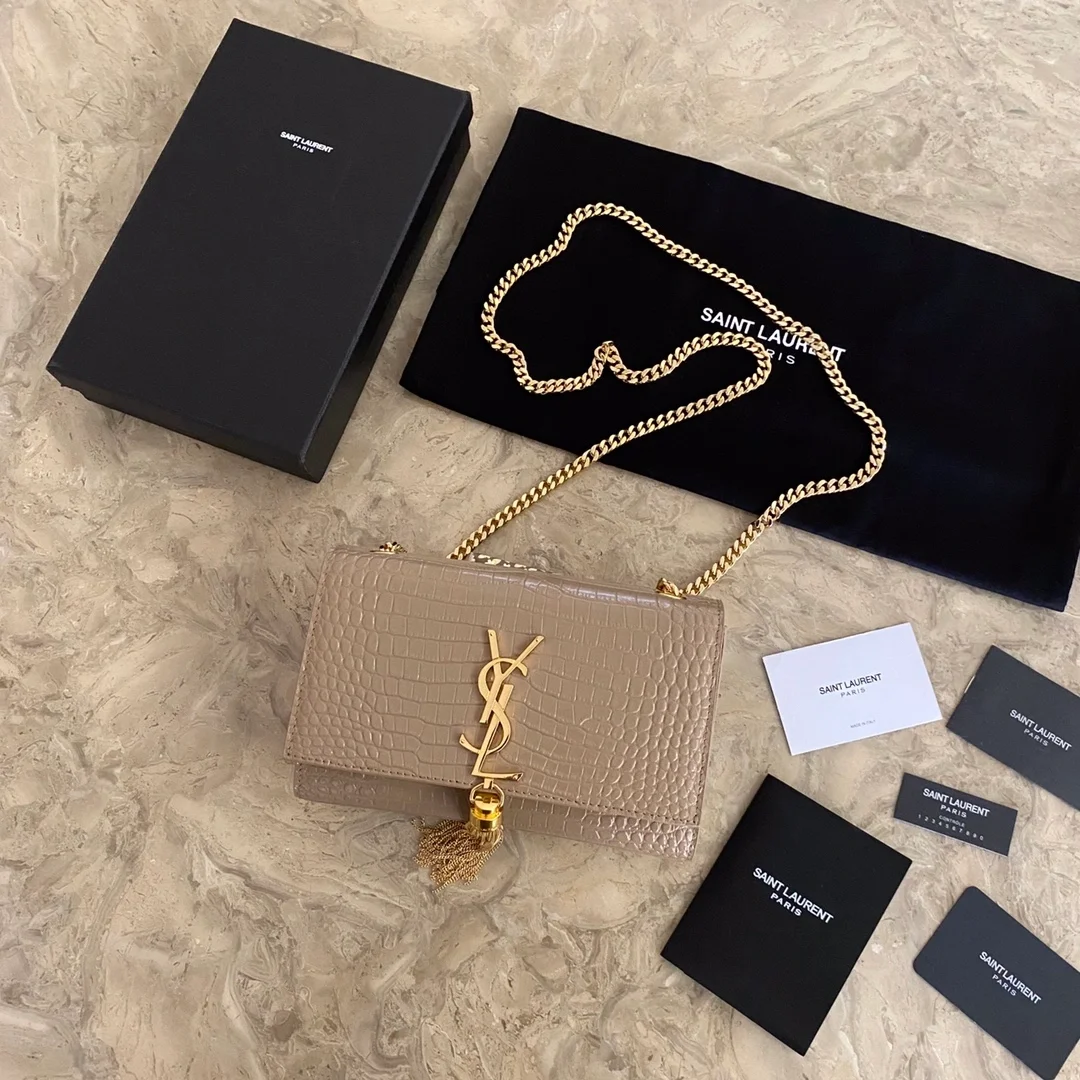 생로랑 크로커다일 케이트 스몰 태슬백 베이지 골드