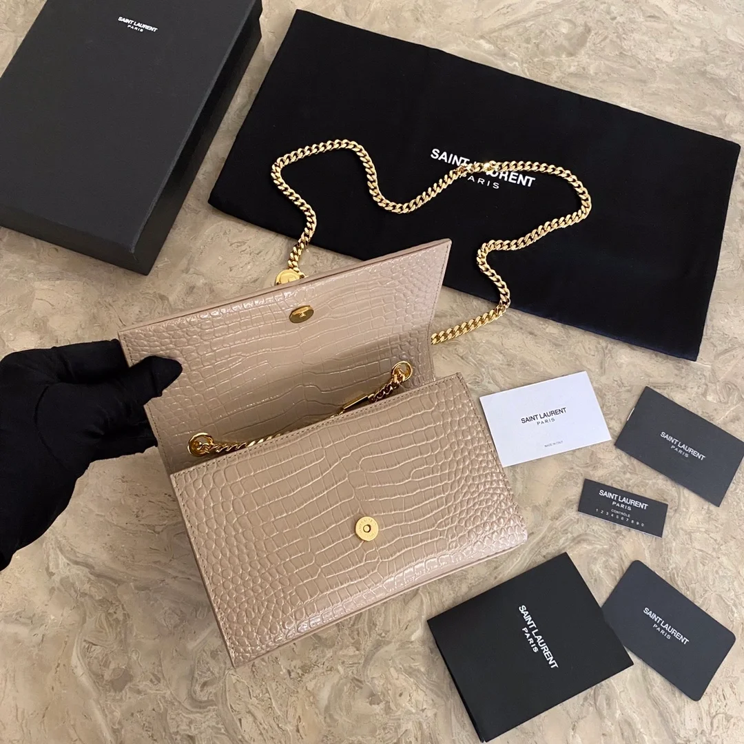 생로랑 크로커다일 케이트 스몰 태슬백 베이지 골드