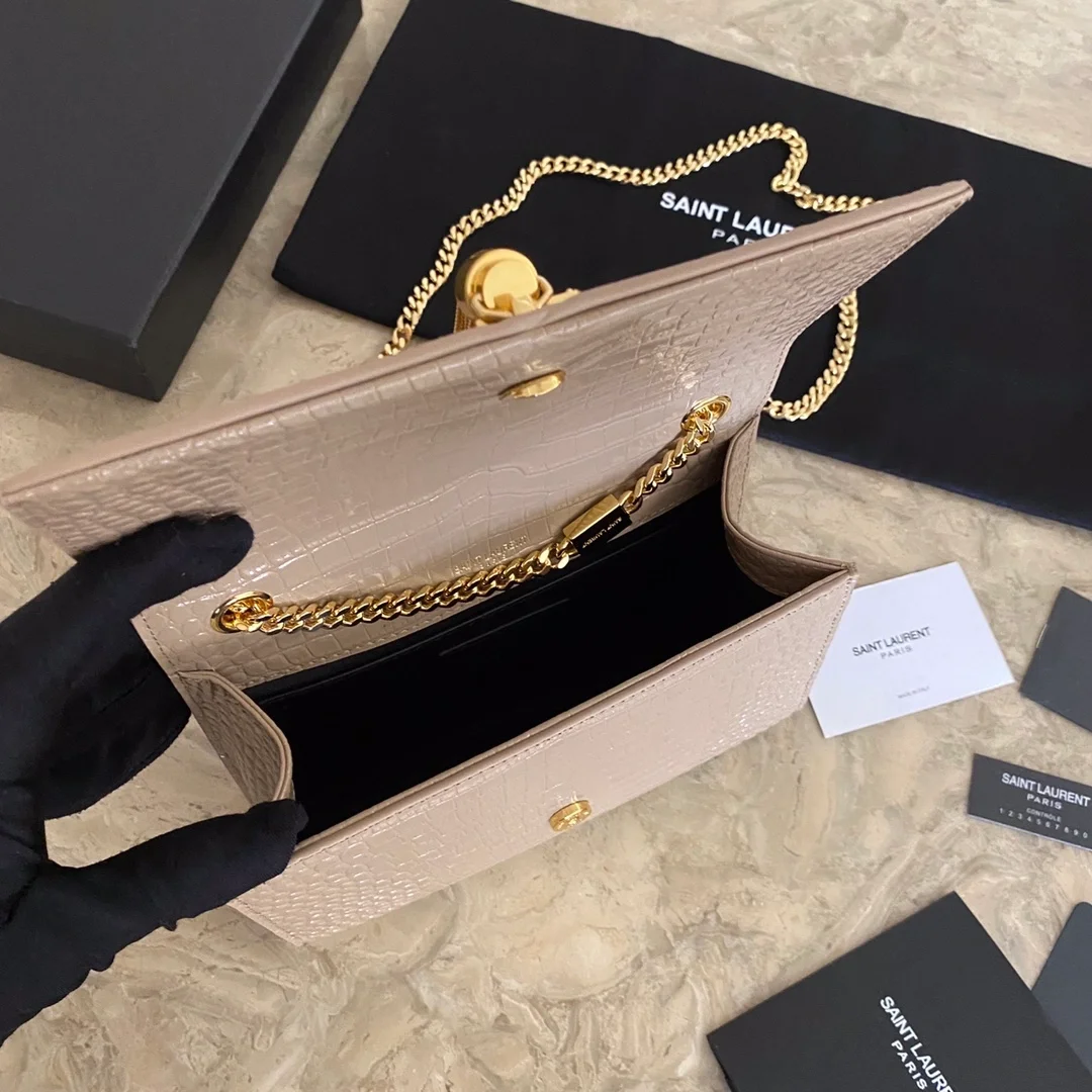 생로랑 크로커다일 케이트 스몰 태슬백 베이지 골드