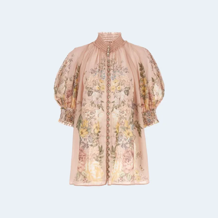 짐머만 플로럴 셔링 라미 블라우스