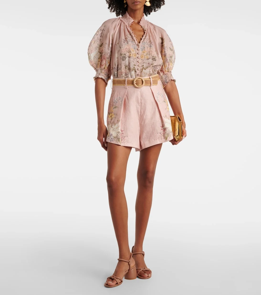 짐머만 플로럴 셔링 라미 블라우스