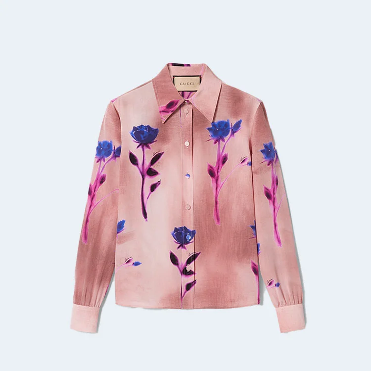 구찌 플로럴 프린트 크레프 드 신 셔츠