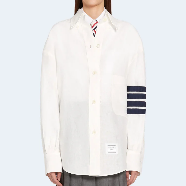 톰브라운 화이트 린넨 수퍼사이즈 롱 슬리브 4-바 버튼다운 셔츠