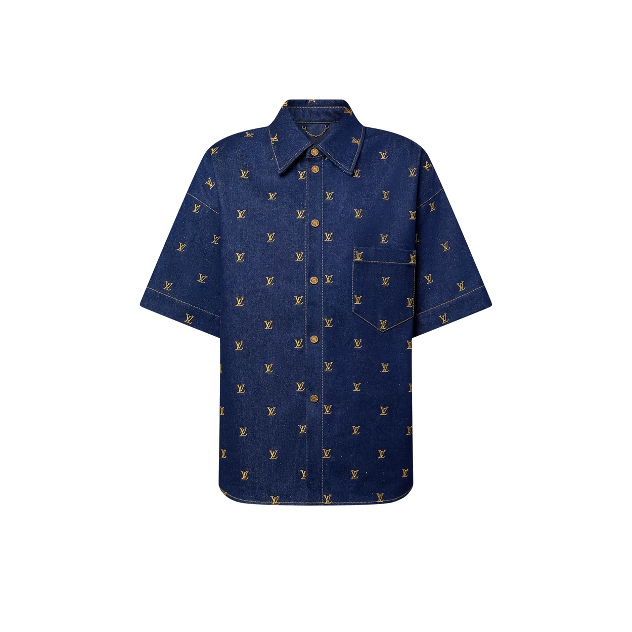루이비통 엠브로이더리 시그니처 숏 슬리브 데님 셔츠 1AFJDU