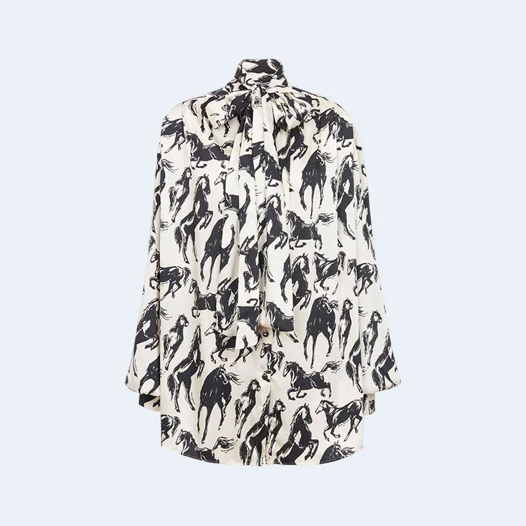 발망 홀스 프린트 푸시 보우 실크 셔츠