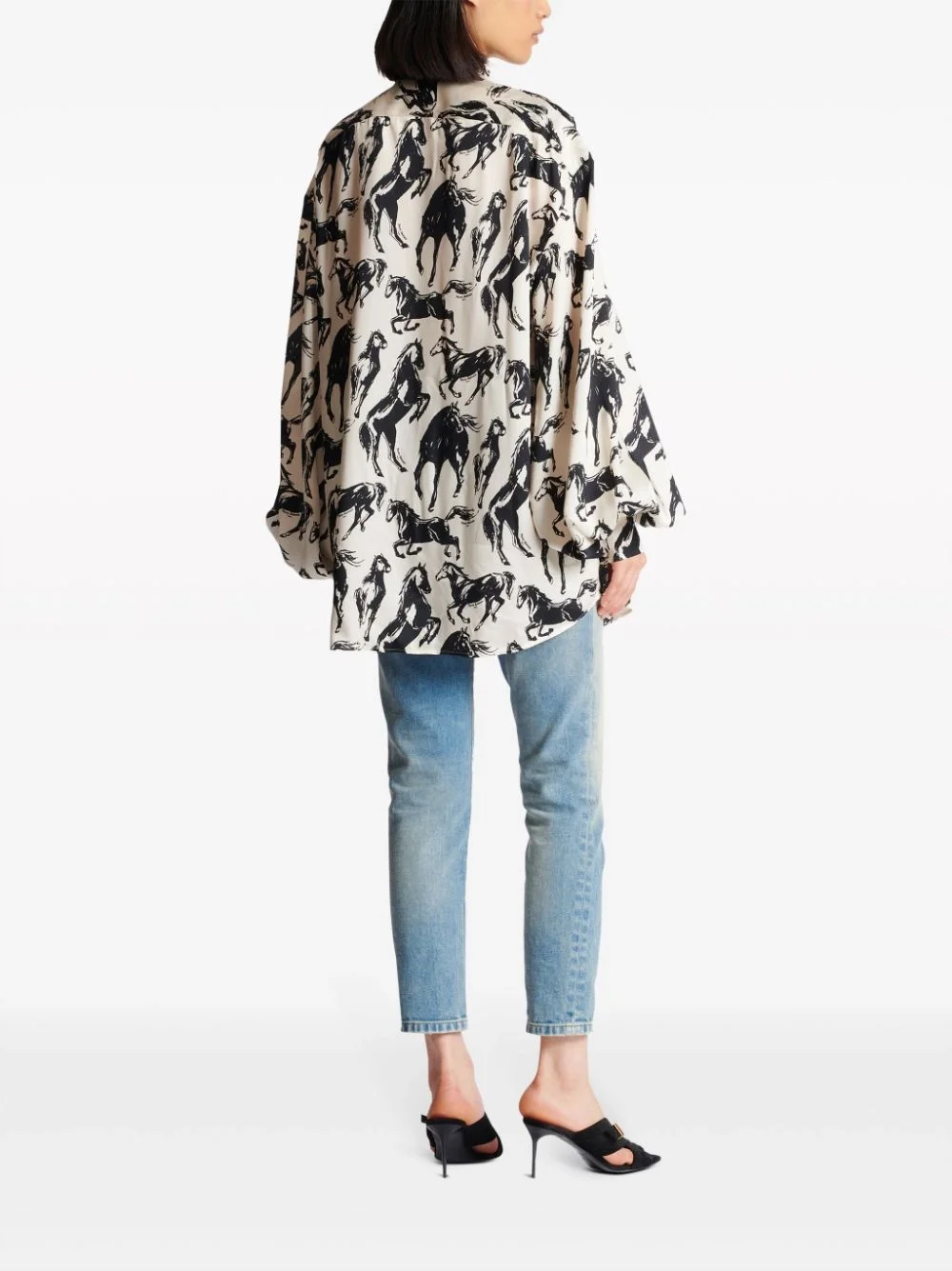 발망 홀스 프린트 푸시 보우 실크 셔츠