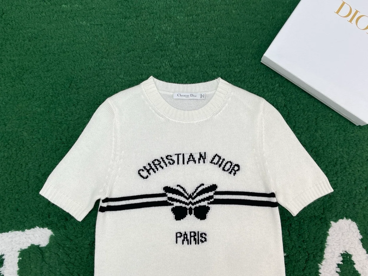 디올 로고 화이트 울 반팔 니트