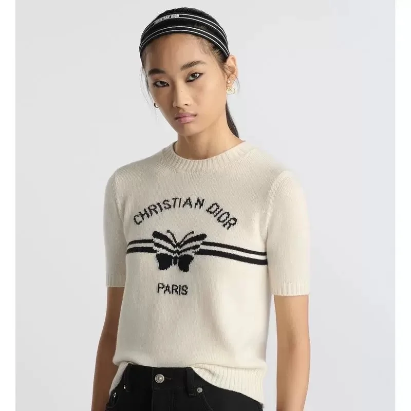 디올 로고 화이트 울 반팔 니트