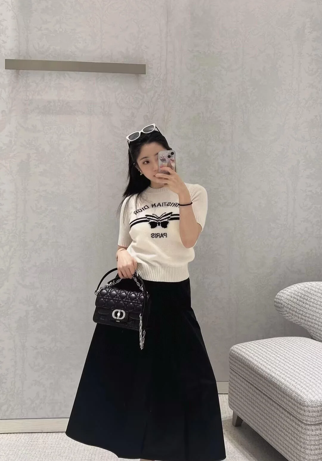 디올 로고 화이트 울 반팔 니트