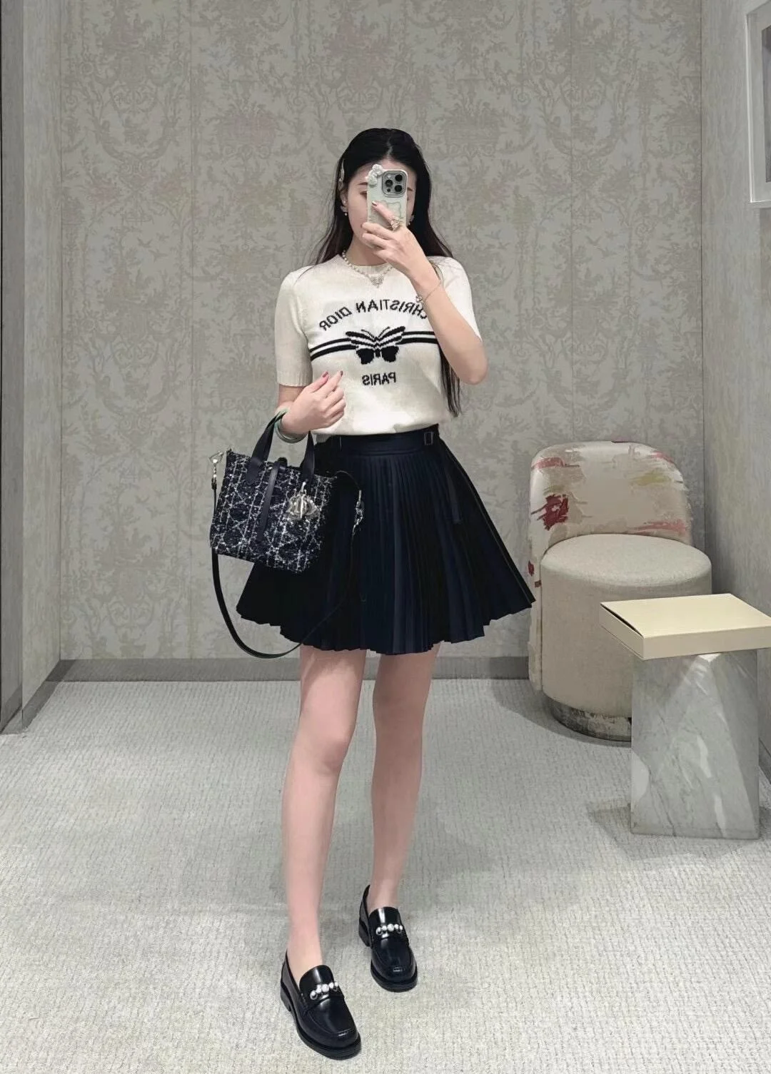 디올 로고 화이트 울 반팔 니트