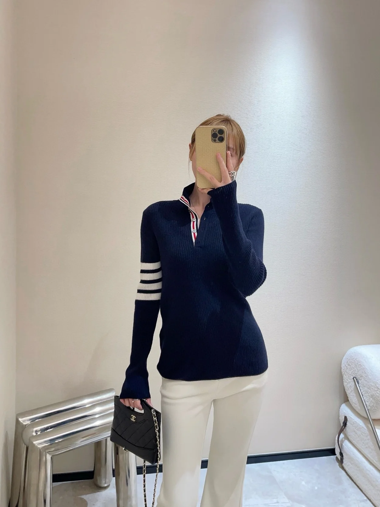 톰브라운 스트라이프 골지 니트 네이비