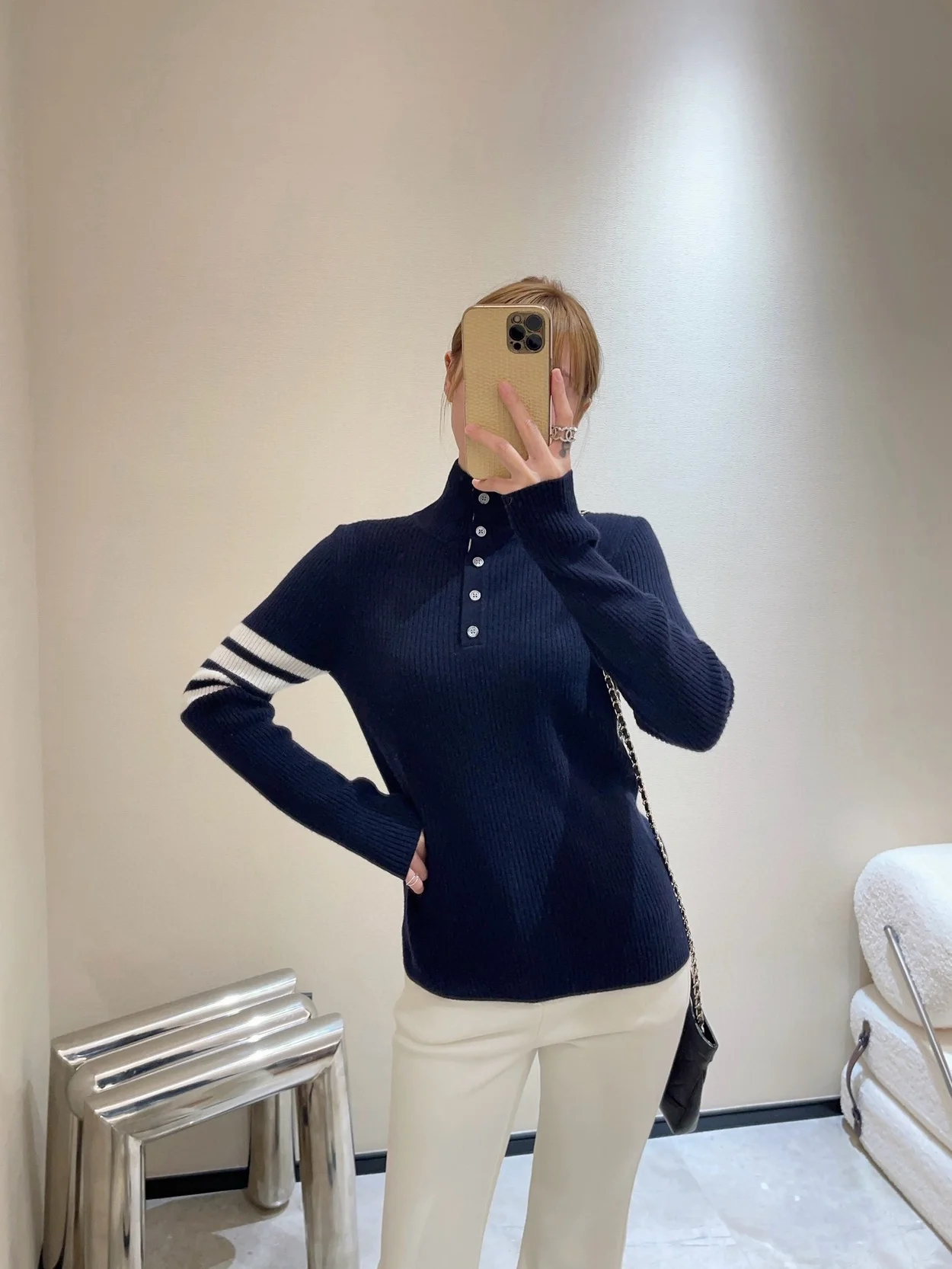 톰브라운 스트라이프 골지 니트 네이비