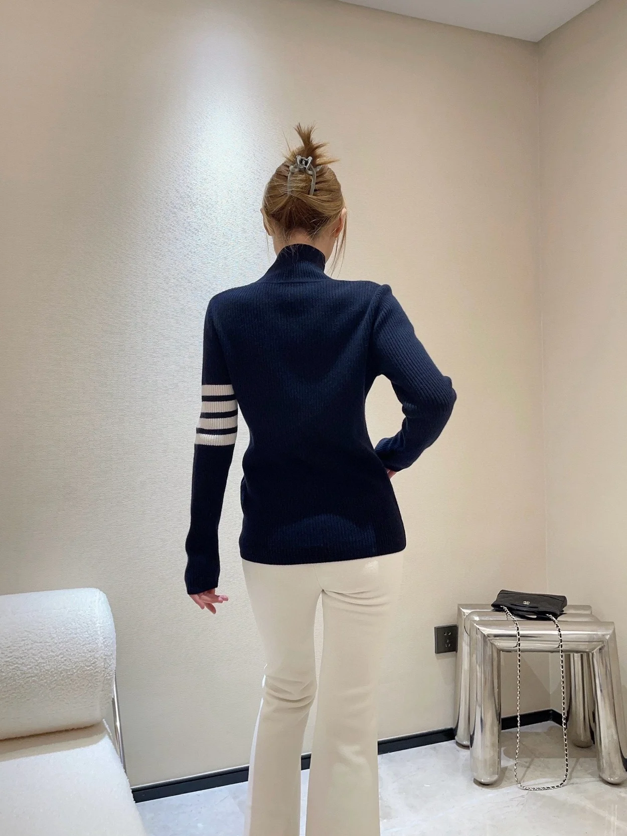 톰브라운 스트라이프 골지 니트 네이비