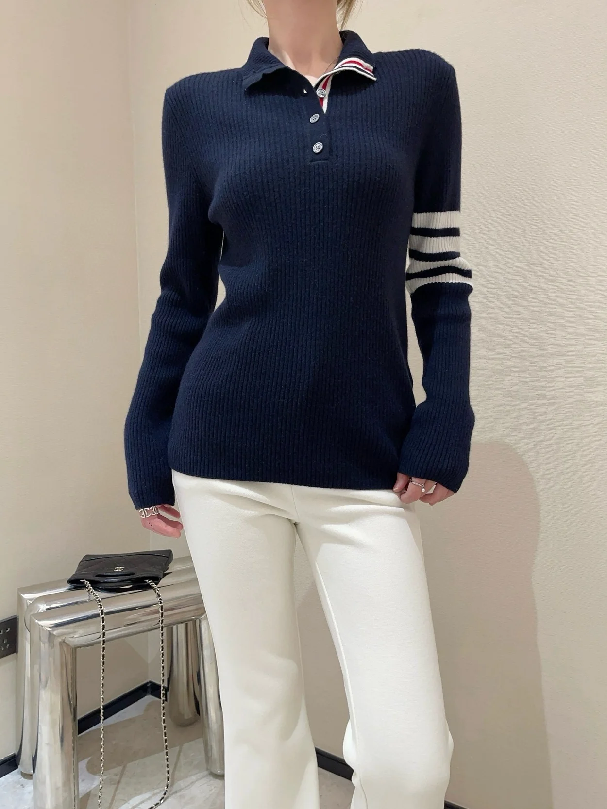 톰브라운 스트라이프 골지 니트 네이비