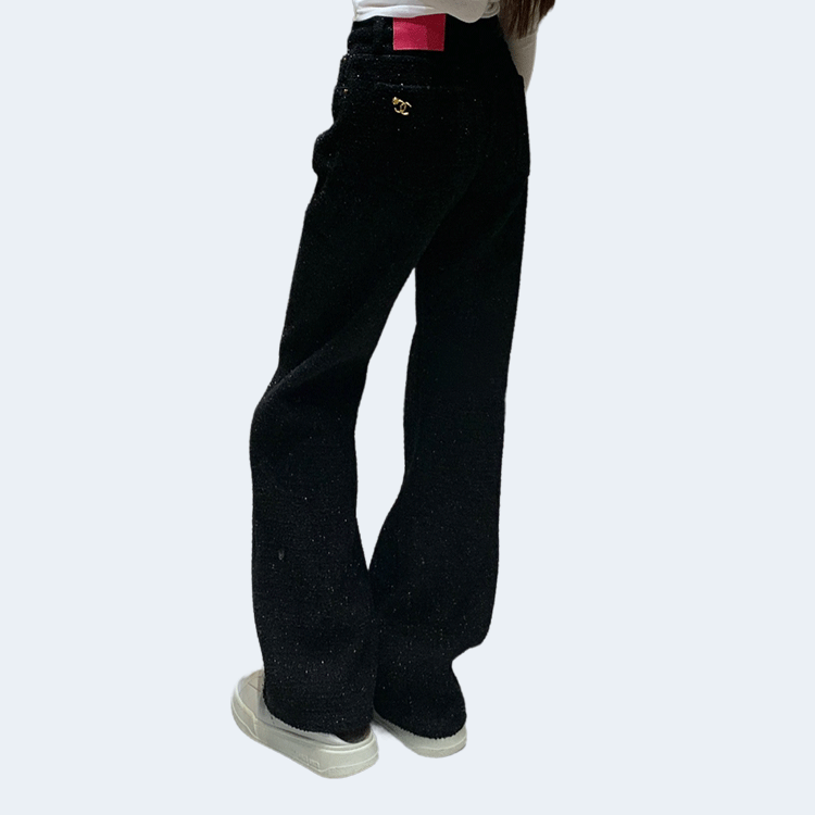 샤넬 핑크 라벨 로고 팬츠 블랙