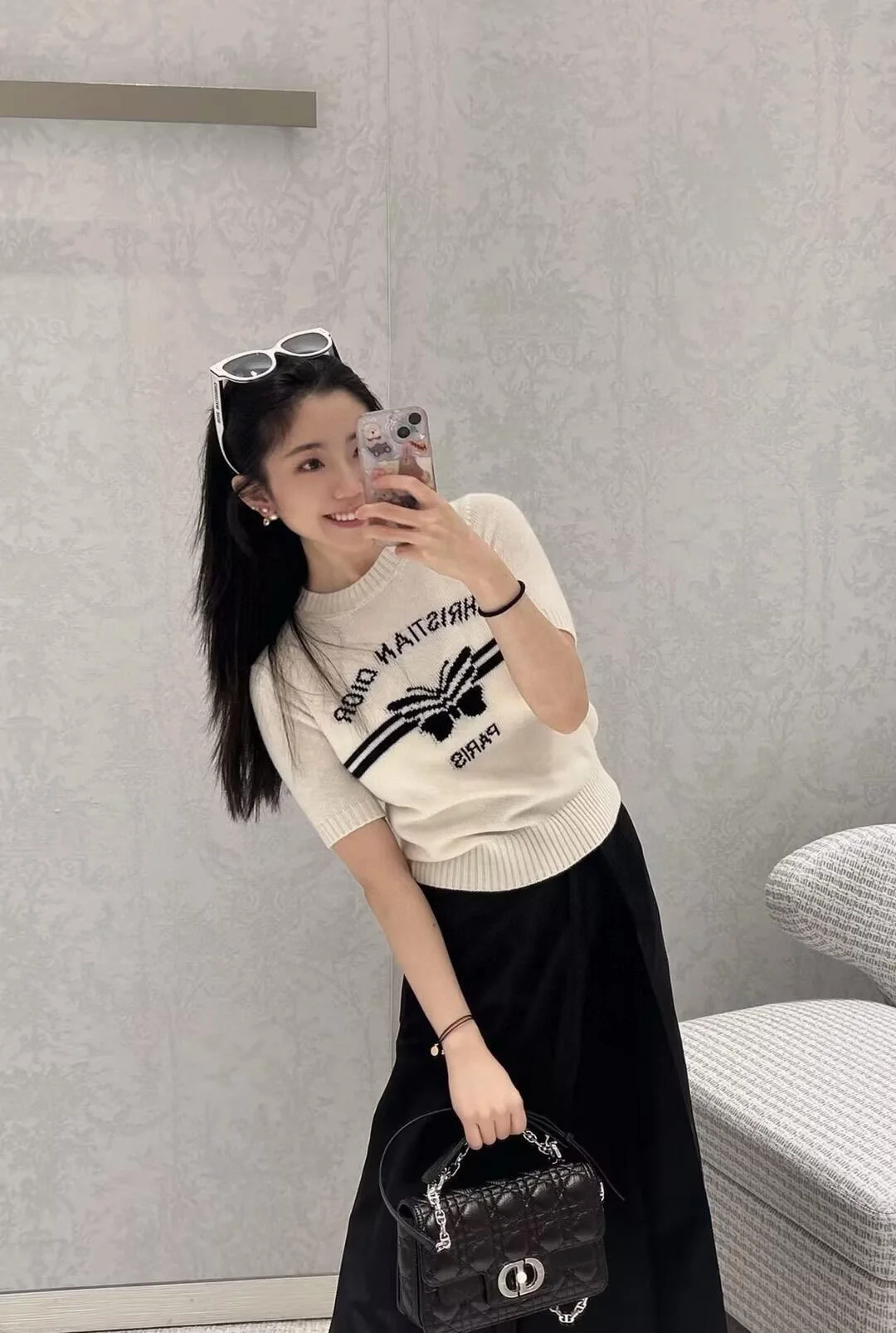 디올 로고 화이트 울 반팔 니트