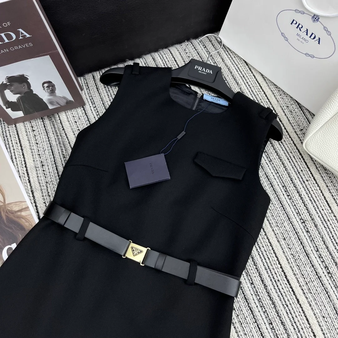 프라다 벨트 울 미니 드레스