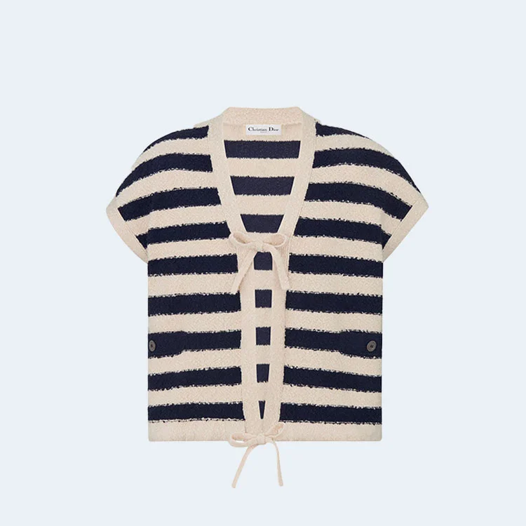 디올 마리니에르 반소매 가디건 네이비 화이트 코튼 니트