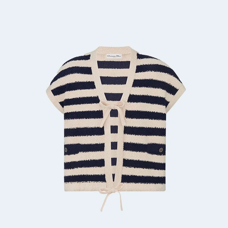 디올 마리니에르 반소매 가디건 네이비 화이트 코튼 니트