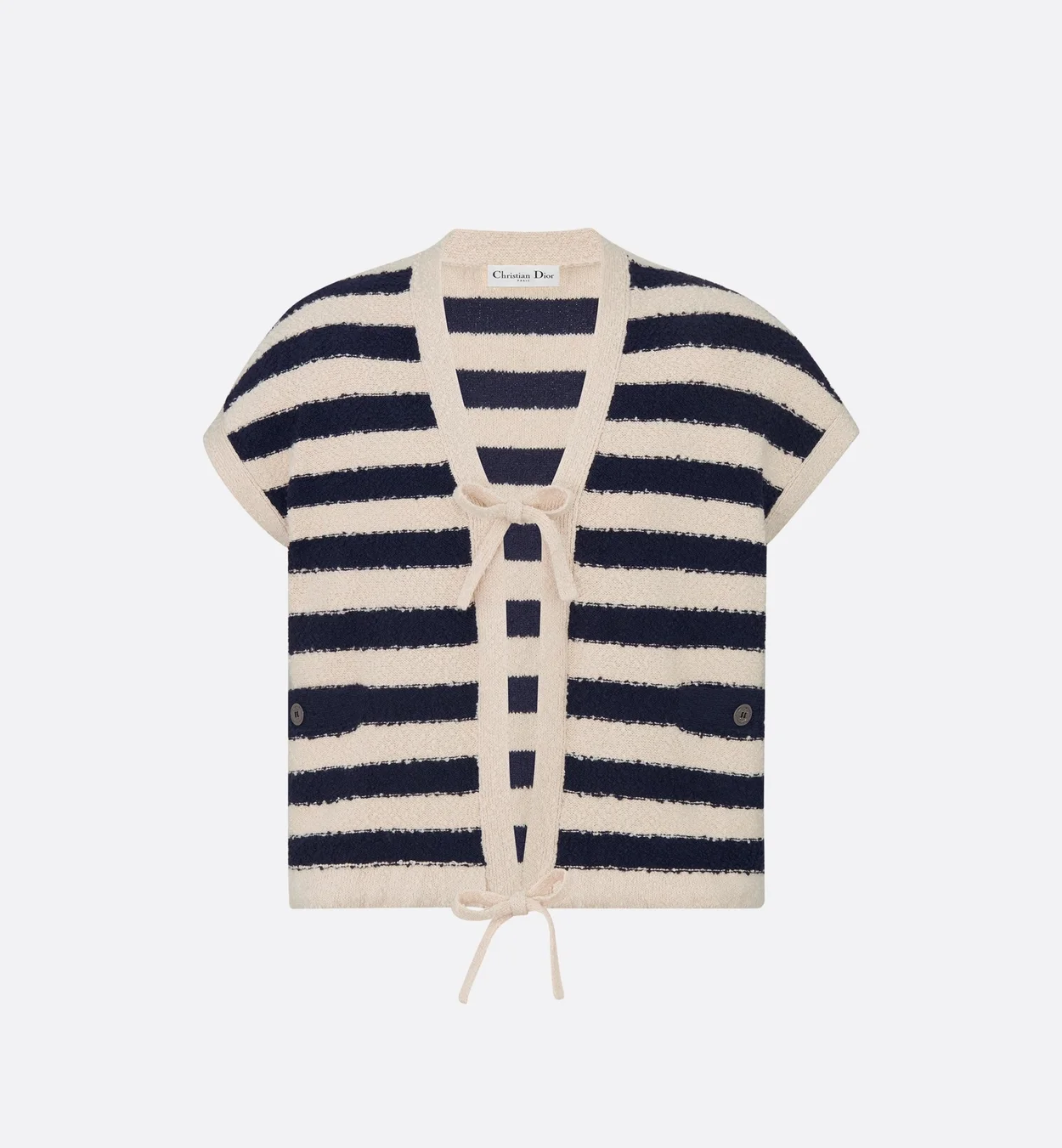 디올 마리니에르 반소매 가디건 네이비 화이트 코튼 니트
