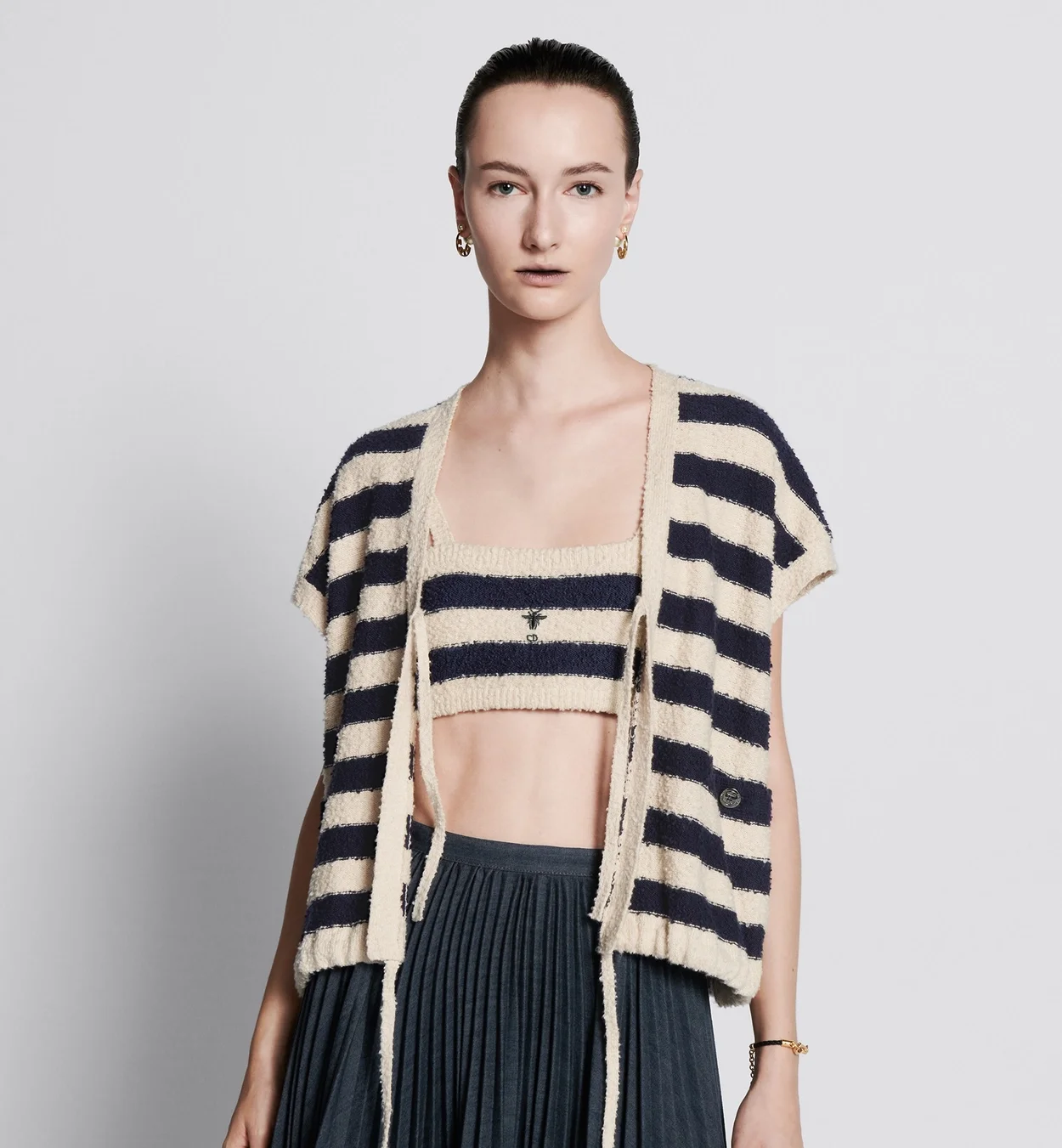 디올 마리니에르 반소매 가디건 네이비 화이트 코튼 니트