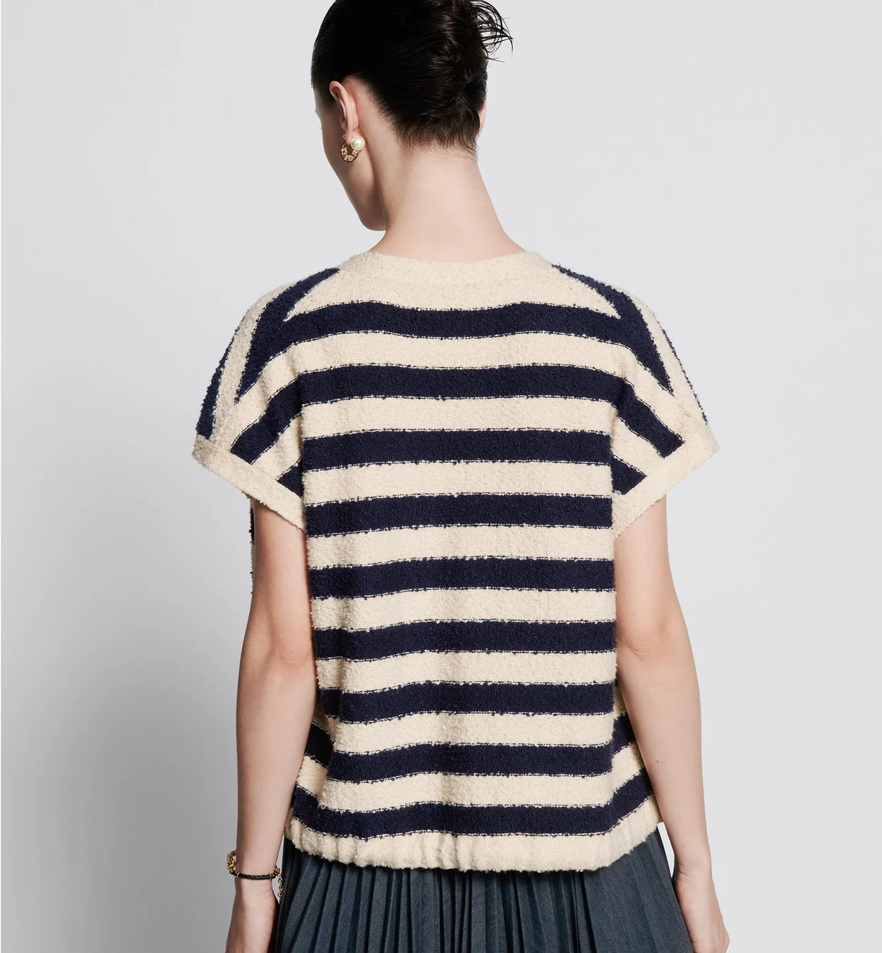 디올 마리니에르 반소매 가디건 네이비 화이트 코튼 니트