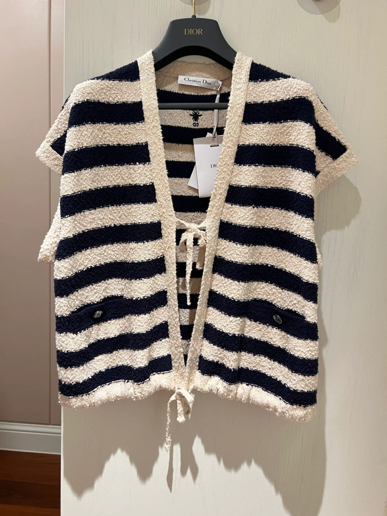 디올 마리니에르 반소매 가디건 네이비 화이트 코튼 니트