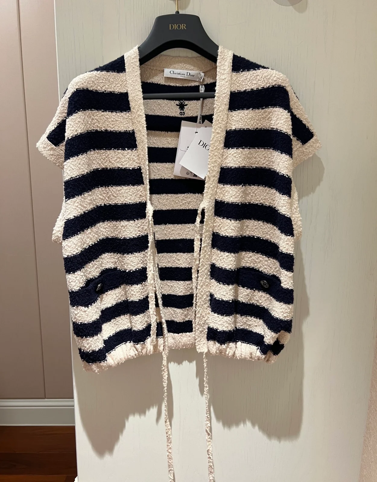 디올 마리니에르 반소매 가디건 네이비 화이트 코튼 니트