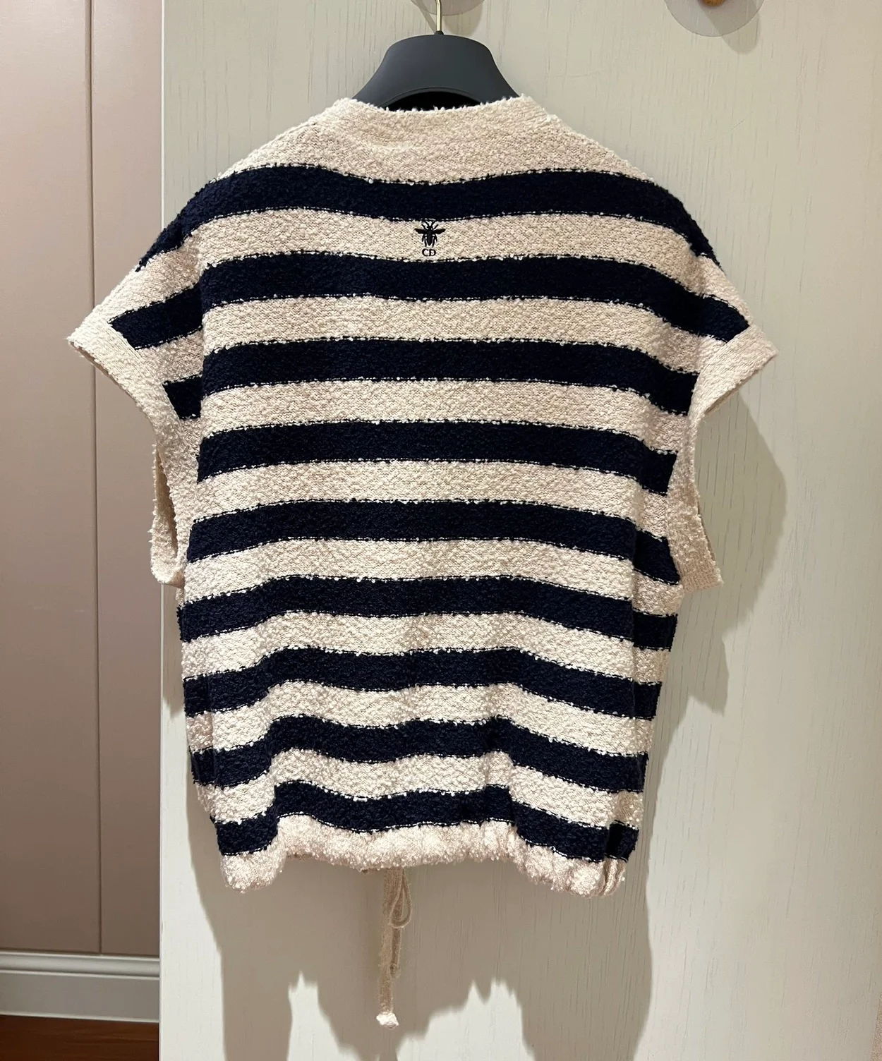 디올 마리니에르 반소매 가디건 네이비 화이트 코튼 니트