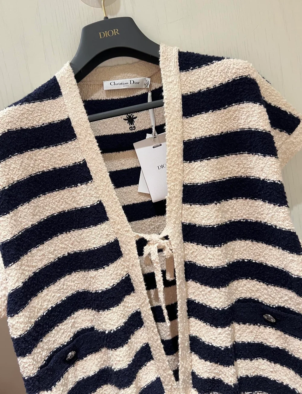 디올 마리니에르 반소매 가디건 네이비 화이트 코튼 니트