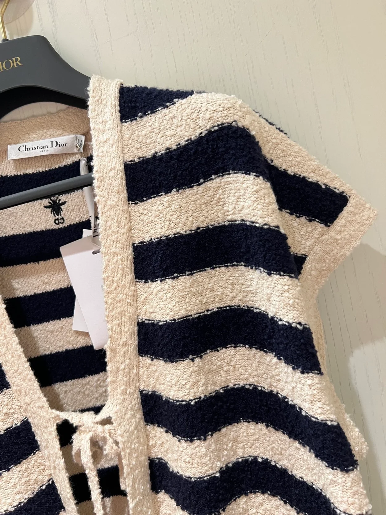 디올 마리니에르 반소매 가디건 네이비 화이트 코튼 니트