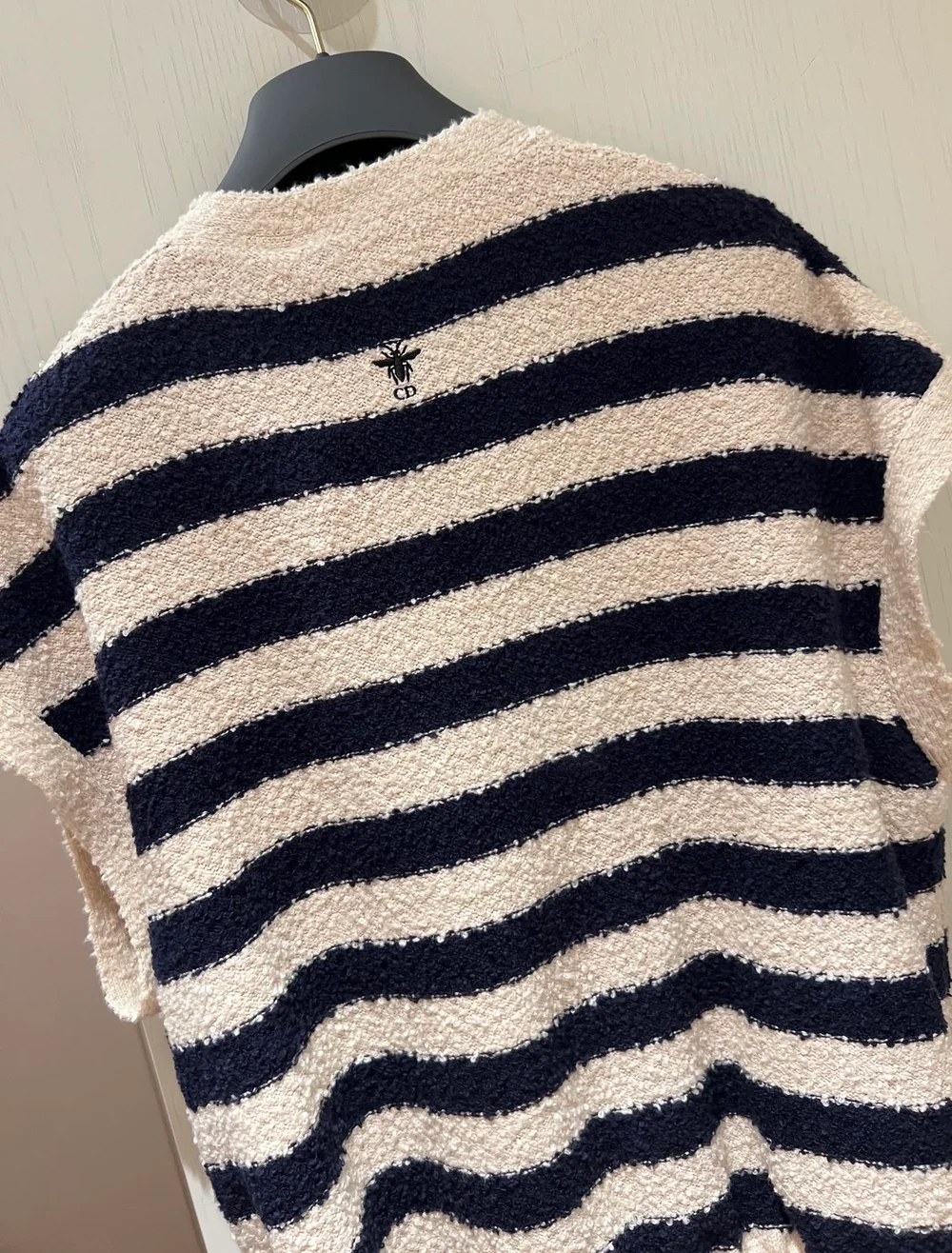 디올 마리니에르 반소매 가디건 네이비 화이트 코튼 니트