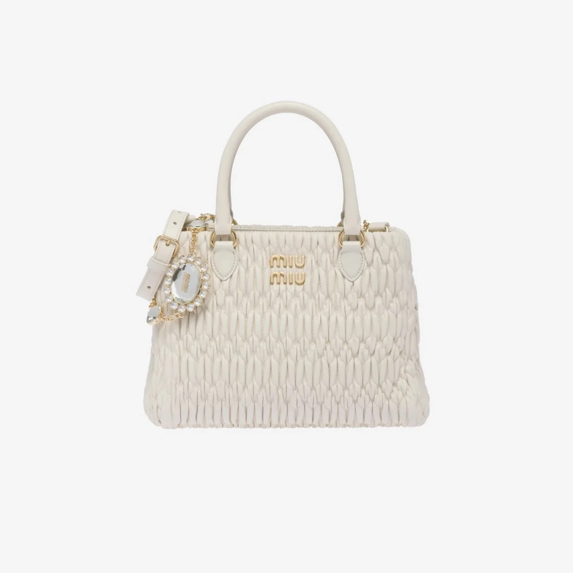 미우미우 크리스탈 클로케 나파 가죽 핸드백 화이트