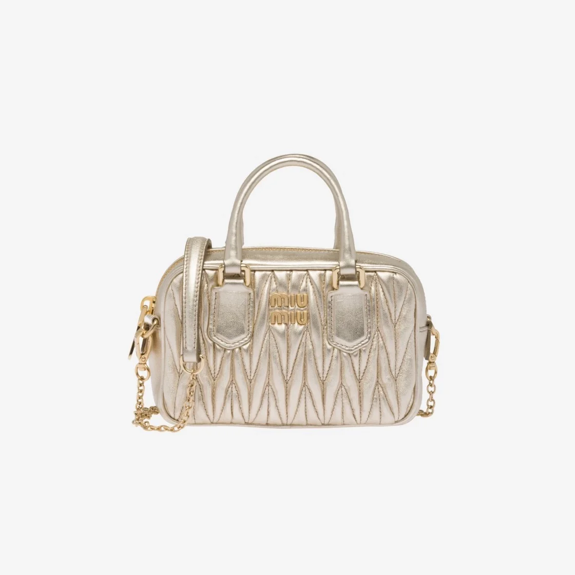 미우미우 마테라쎄 나파 가죽 탑 핸들 미니백 골드